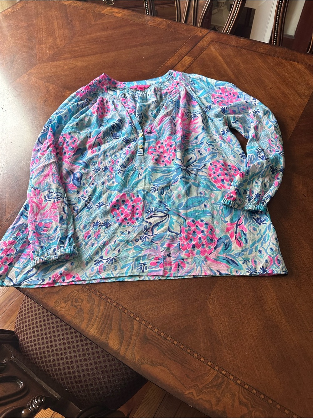 Lilly Pulitzer Blue Pink Floral Long Sleeve Tunic